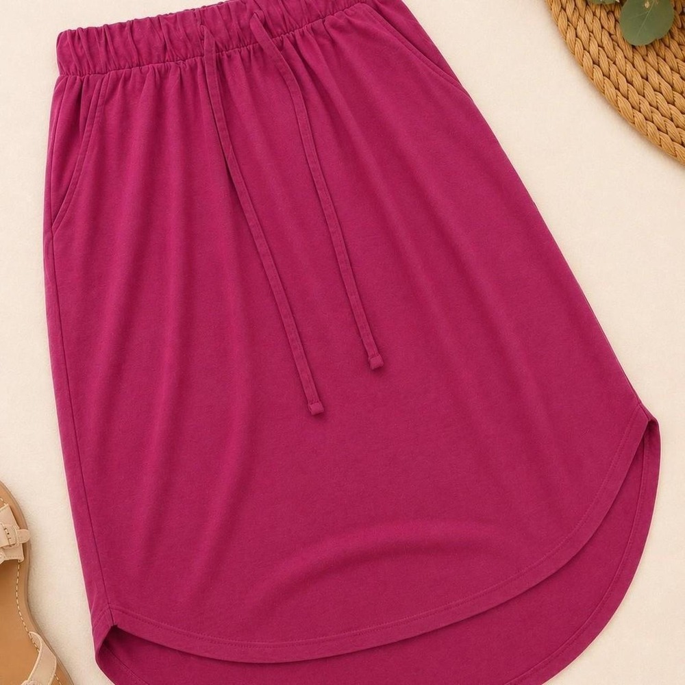 Zenana Women Burgundy Jersey Knit Drawstring Waist Pocket Dolphin Hem Skirt S